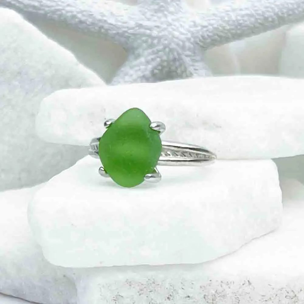 Diamond-Shaped Green Sea Glass Ring in Sterling Silver Decorative Band Size 7 | #1859