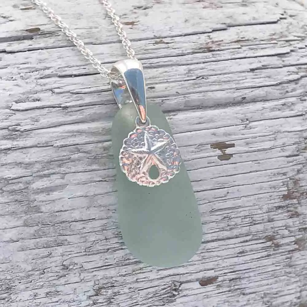 Droplet Shaped Seafoam Sea Glass Pendant with Sand Dollar Charm | #1113