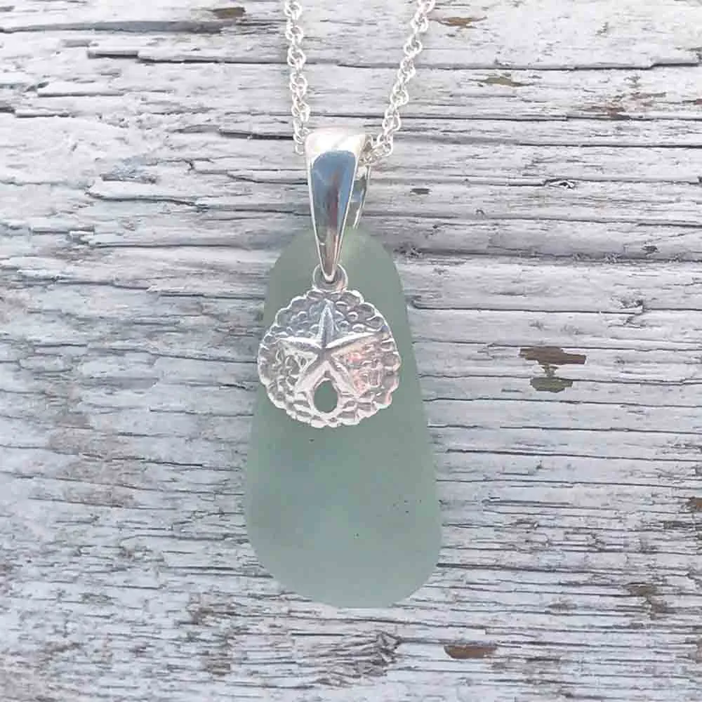 Droplet Shaped Seafoam Sea Glass Pendant with Sand Dollar Charm | #1113