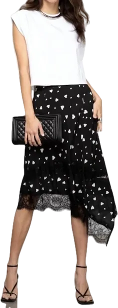 Essentiel Antwerp Black Asymmetric Heart Print Lace Trim Skirt UK 10