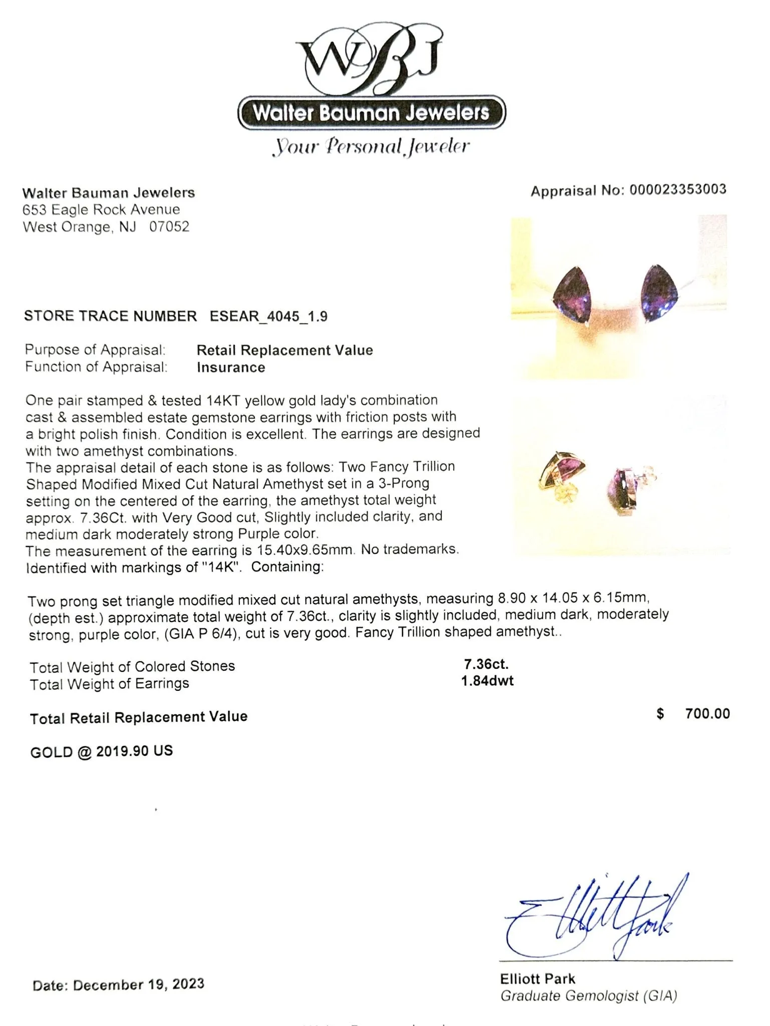 Estate 14K Y Gold 7.36ctw Amethyst Stud Earrings