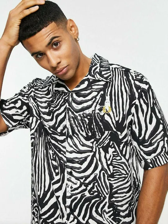 Fred Perry Zebra Print Camp Collar Short Sleeve Shirt In Black