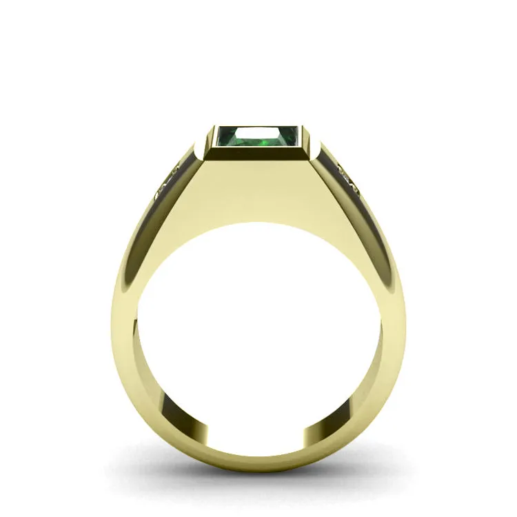 Gold Plated Silver Ring for Man with 2.40ct Emerald and Diamonds Classic Male Jewelry