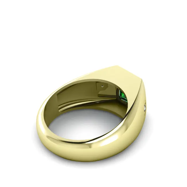 Gold Plated Silver Ring for Man with 2.40ct Emerald and Diamonds Classic Male Jewelry