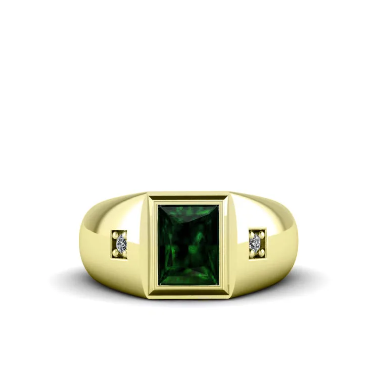 Gold Plated Silver Ring for Man with 2.40ct Emerald and Diamonds Classic Male Jewelry