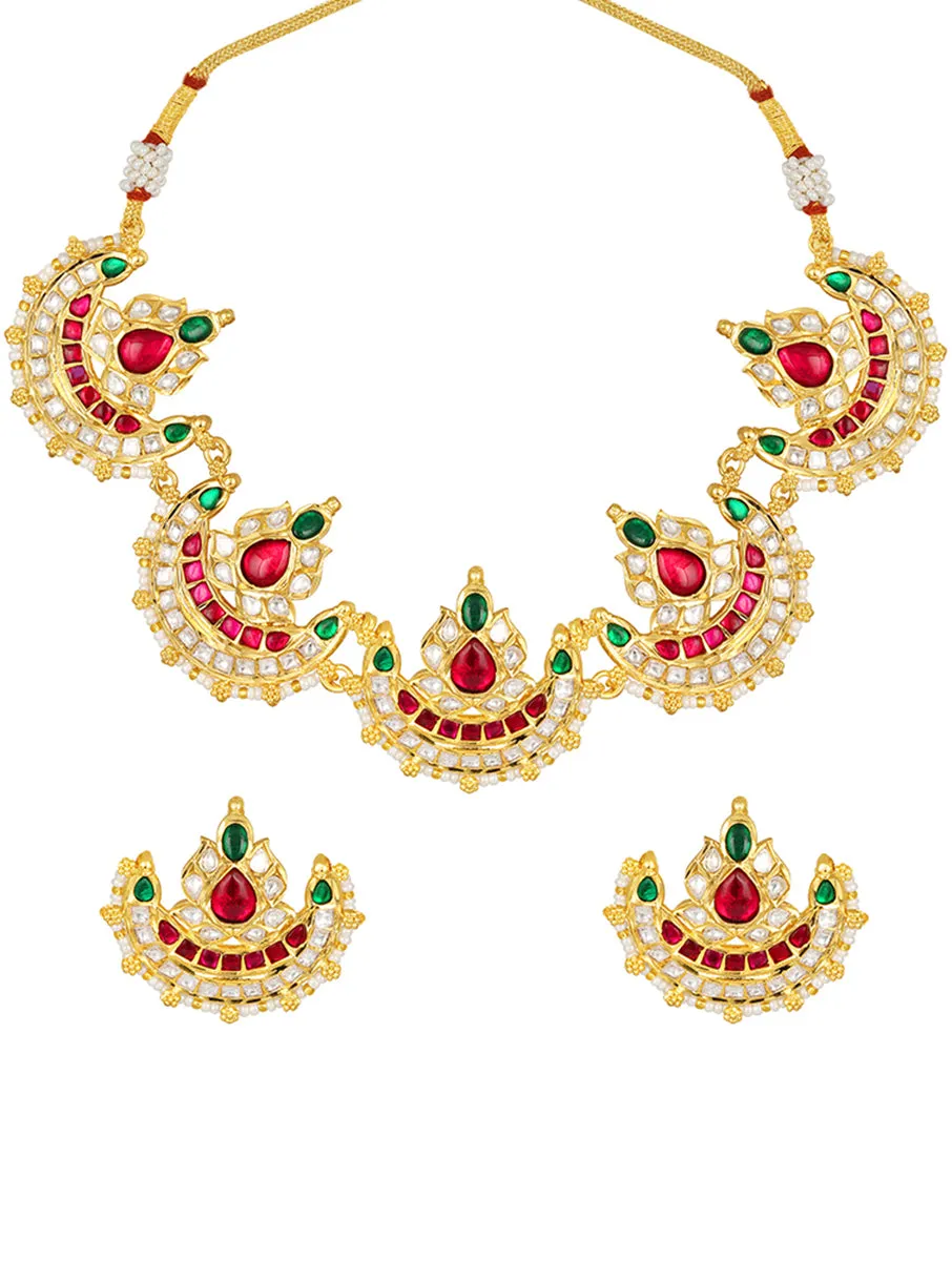 Golden, Green and Cherry Kundan Polki, Pearls, Coloured Polki Necklace Set