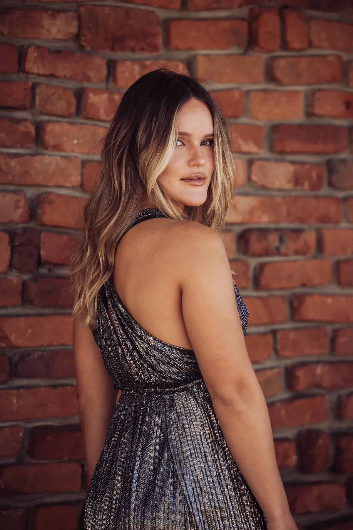 Holiday Plunge Metallic Maxi Dress