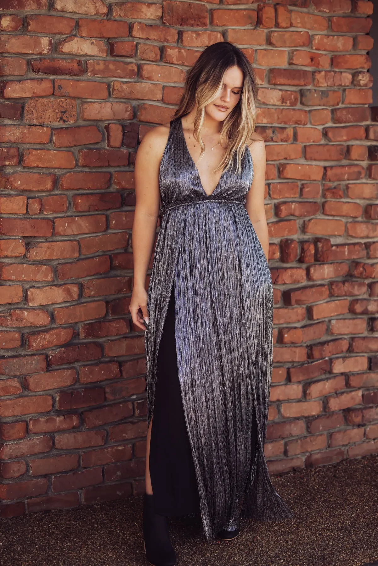 Holiday Plunge Metallic Maxi Dress