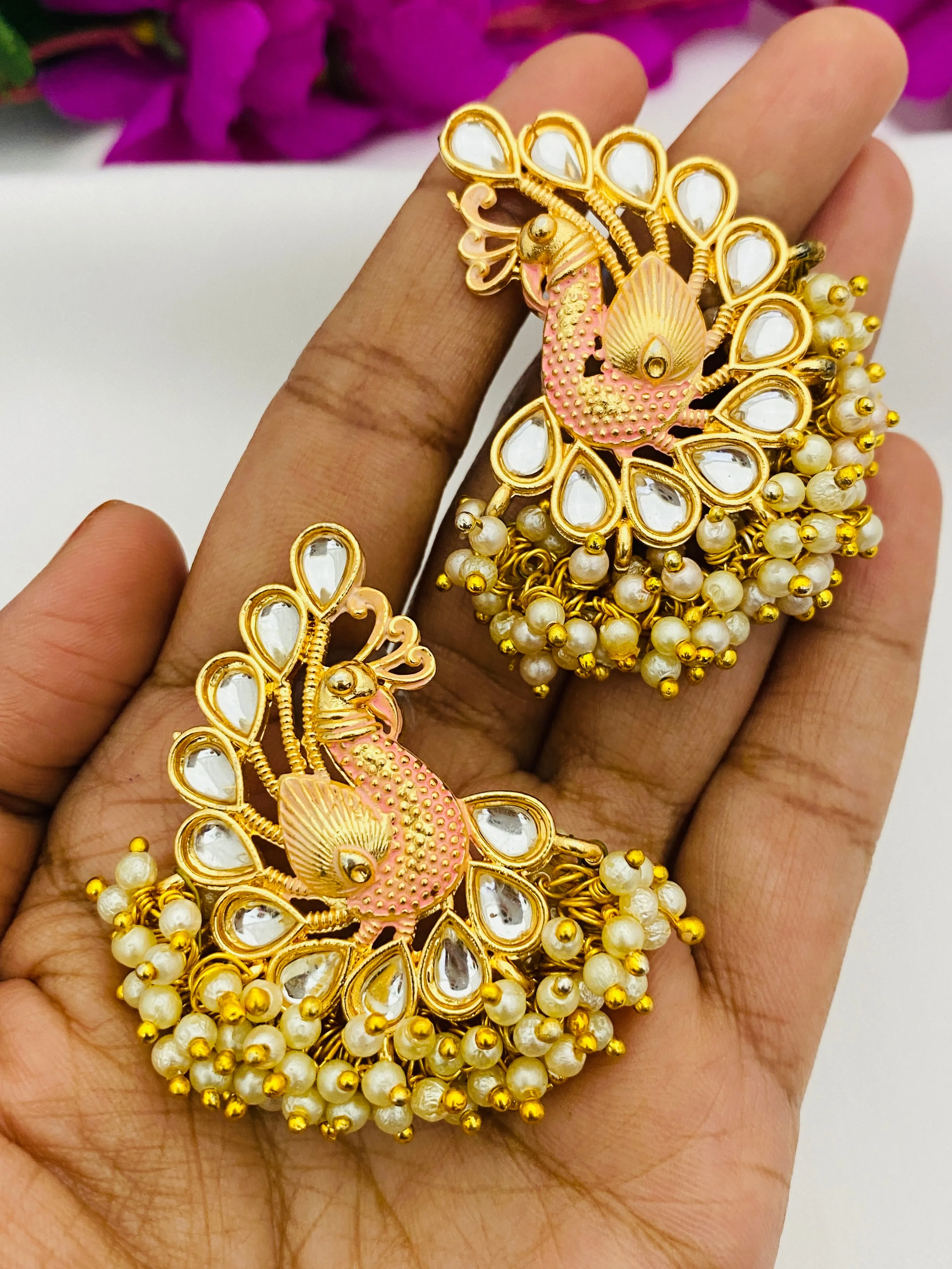 Indian Traditional Peacock Design Gold Plated Earrings with Beads