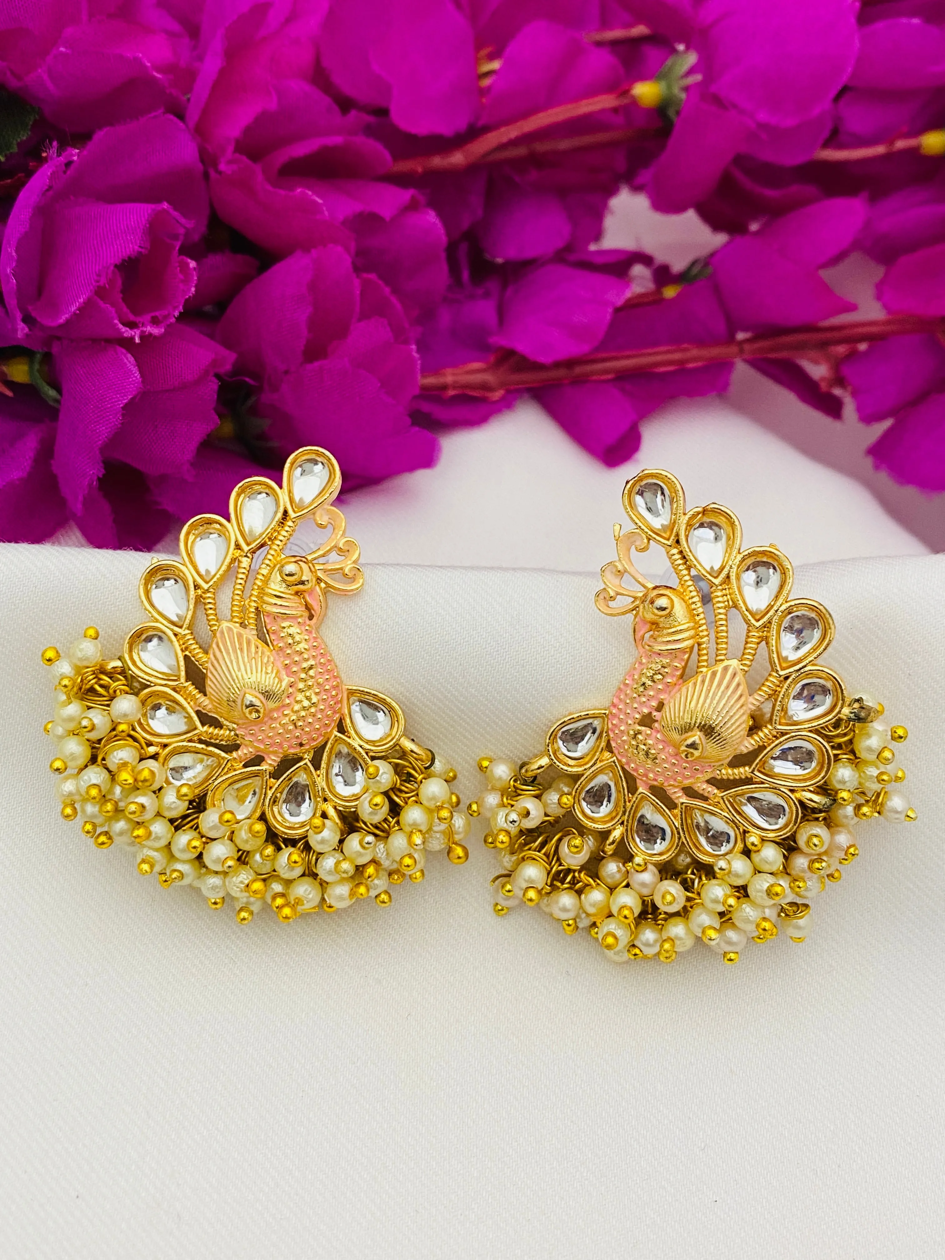 Indian Traditional Peacock Design Gold Plated Earrings with Beads