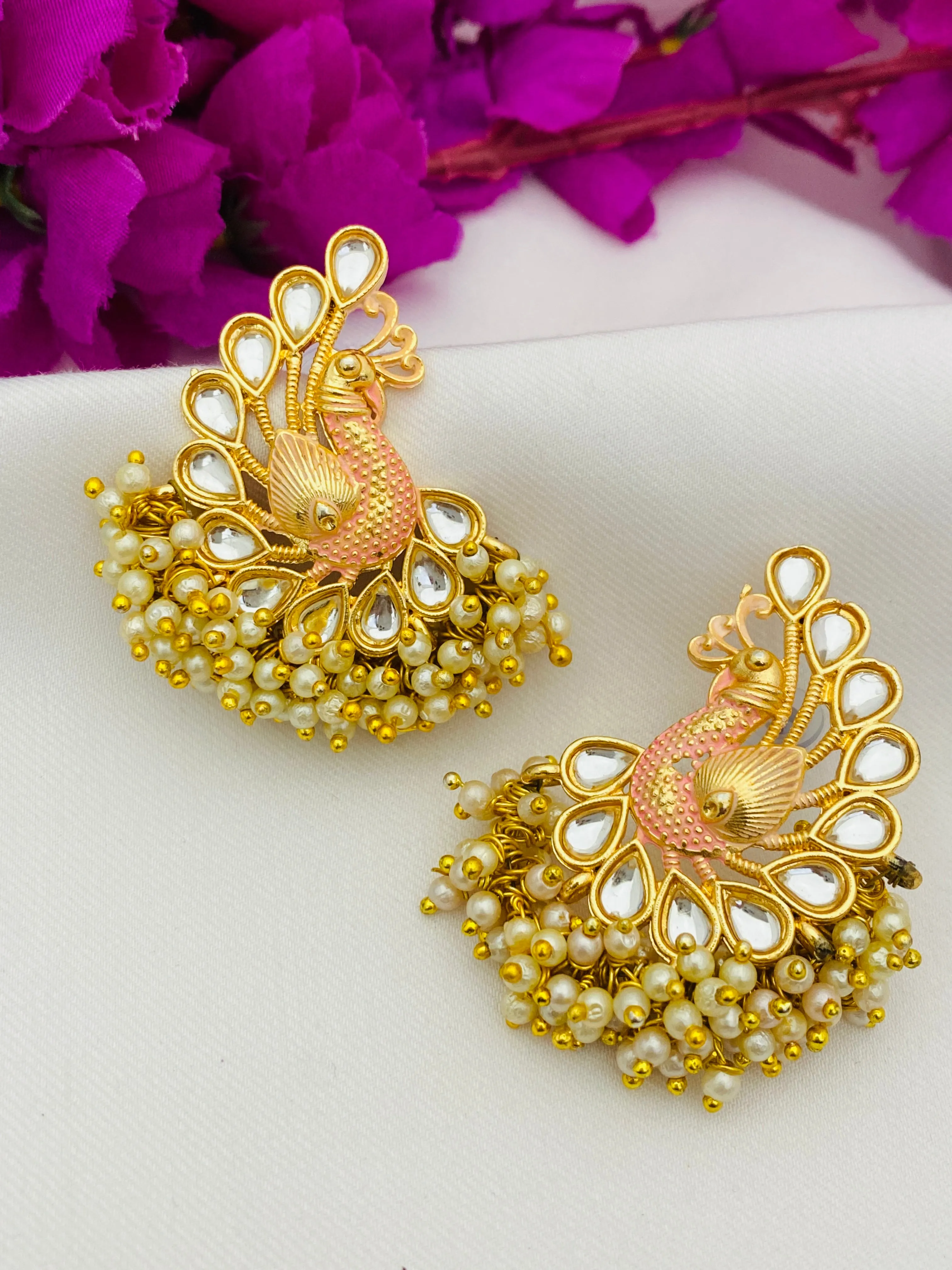 Indian Traditional Peacock Design Gold Plated Earrings with Beads