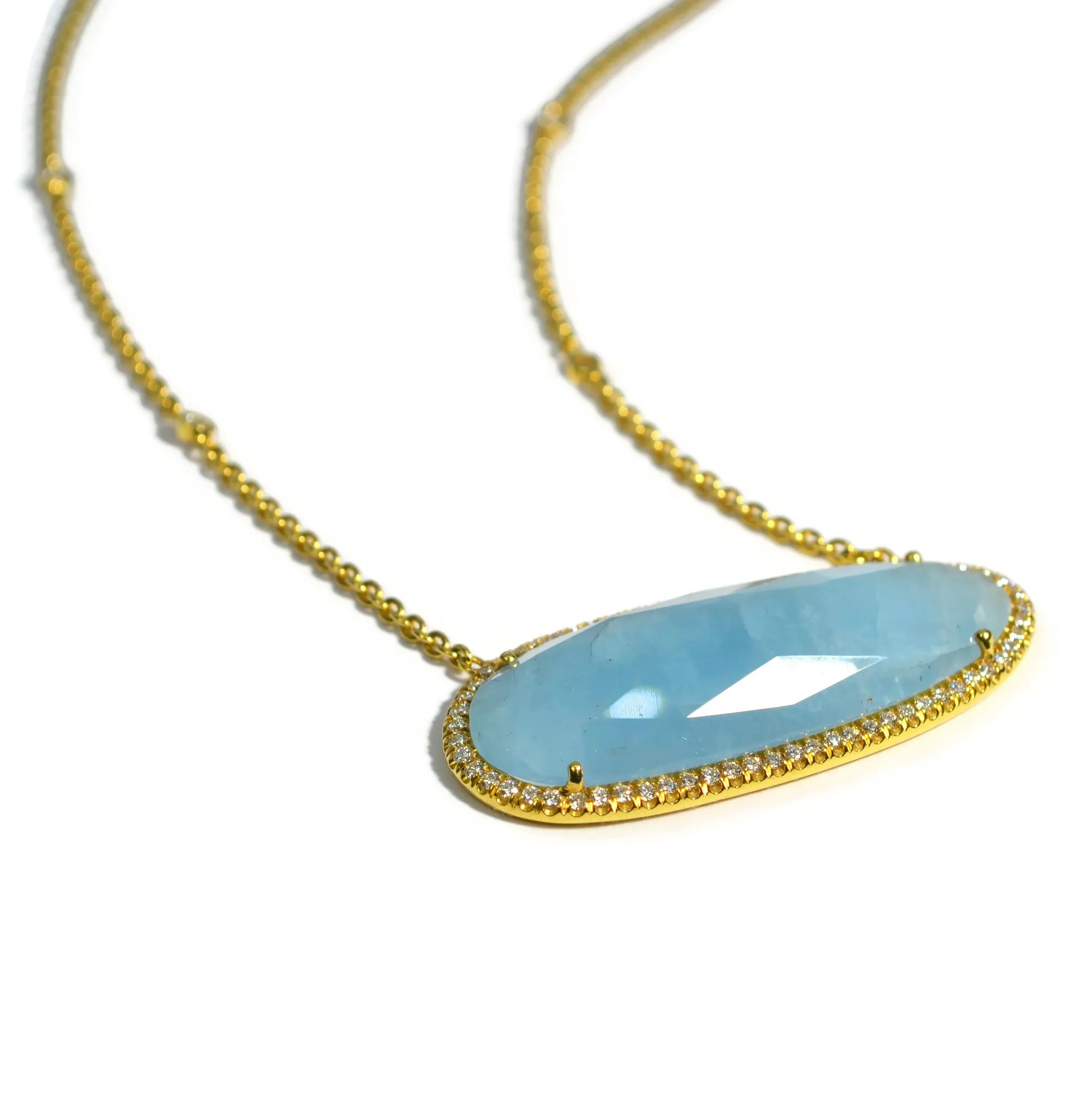 Lauren K - Bar Necklace with Milky Aquamarine and Diamonds, 18k Yellow Gold