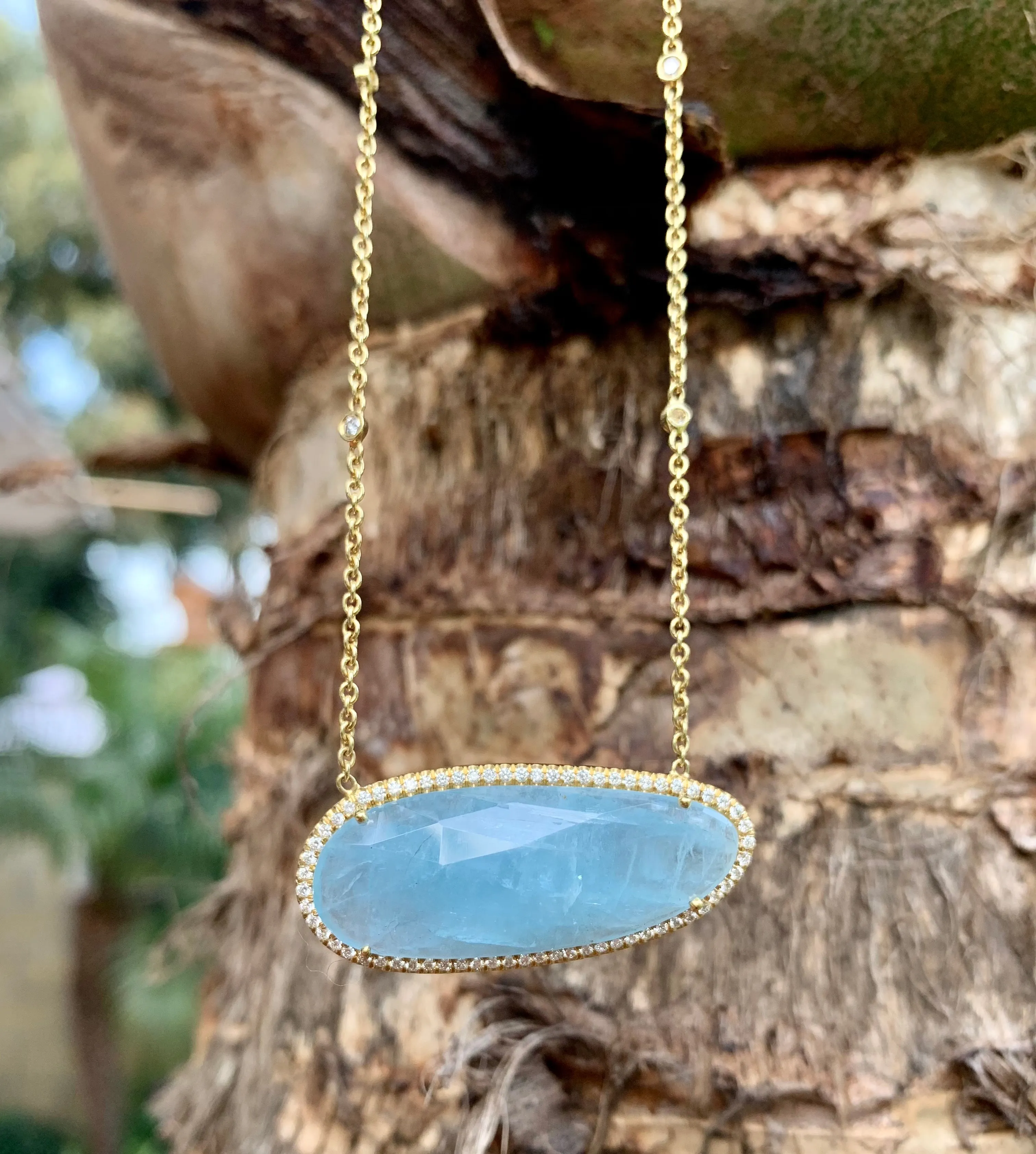 Lauren K - Bar Necklace with Milky Aquamarine and Diamonds, 18k Yellow Gold