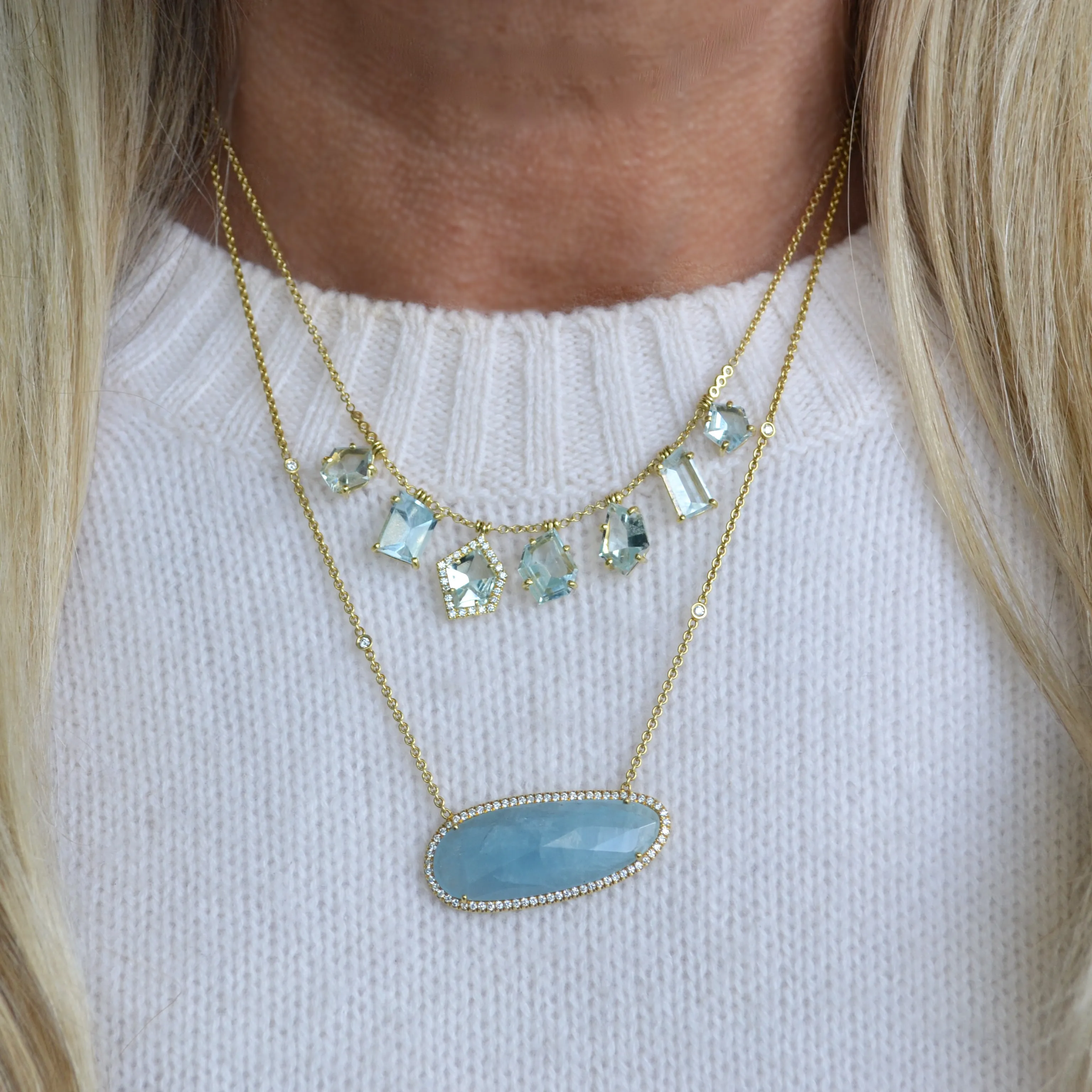 Lauren K - Bar Necklace with Milky Aquamarine and Diamonds, 18k Yellow Gold