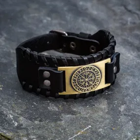 Leather Buckle Arm Cuff With Metal Vegvisir Design