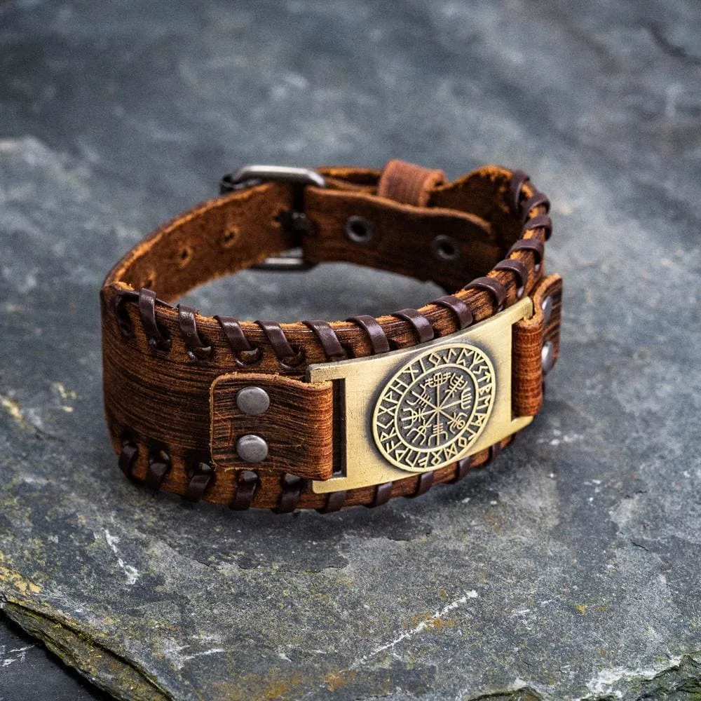 Leather Buckle Arm Cuff With Metal Vegvisir Design