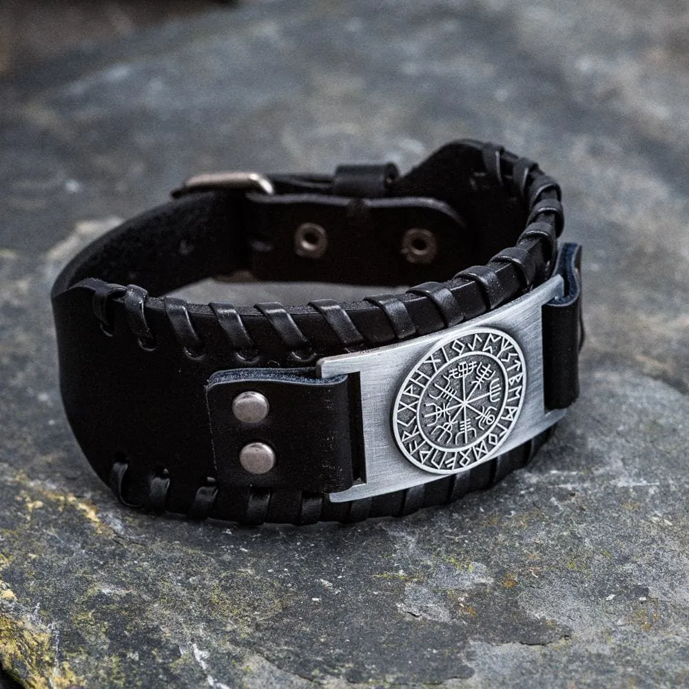 Leather Buckle Arm Cuff With Metal Vegvisir Design