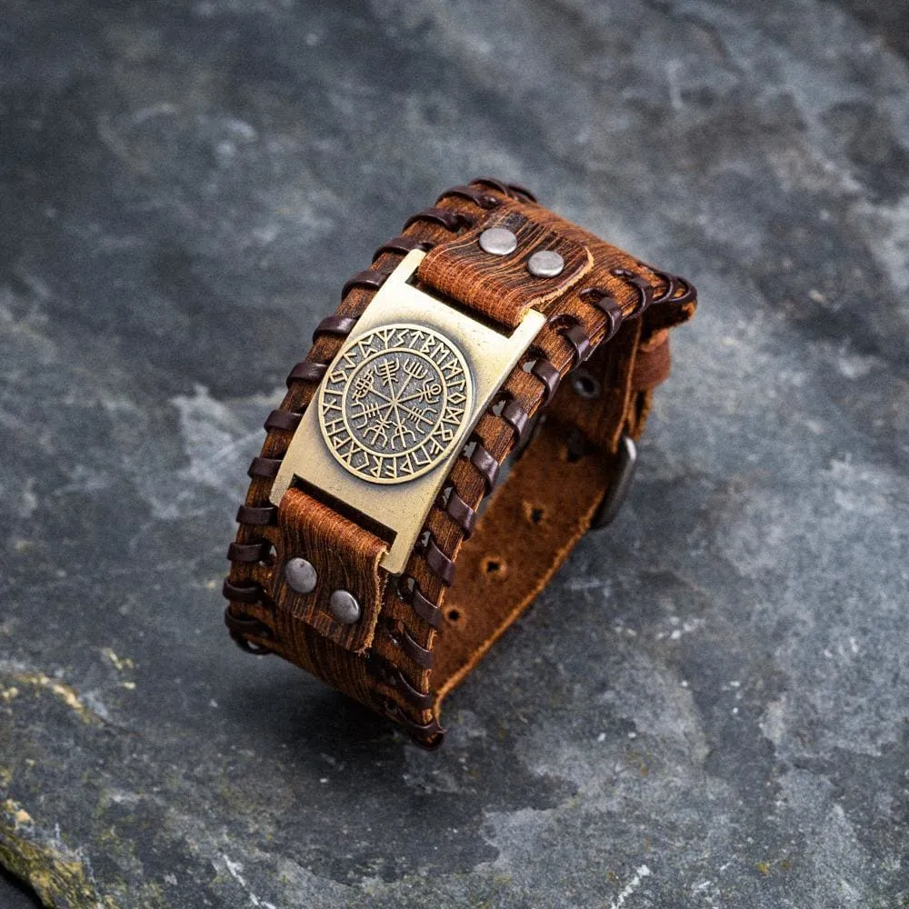 Leather Buckle Arm Cuff With Metal Vegvisir Design