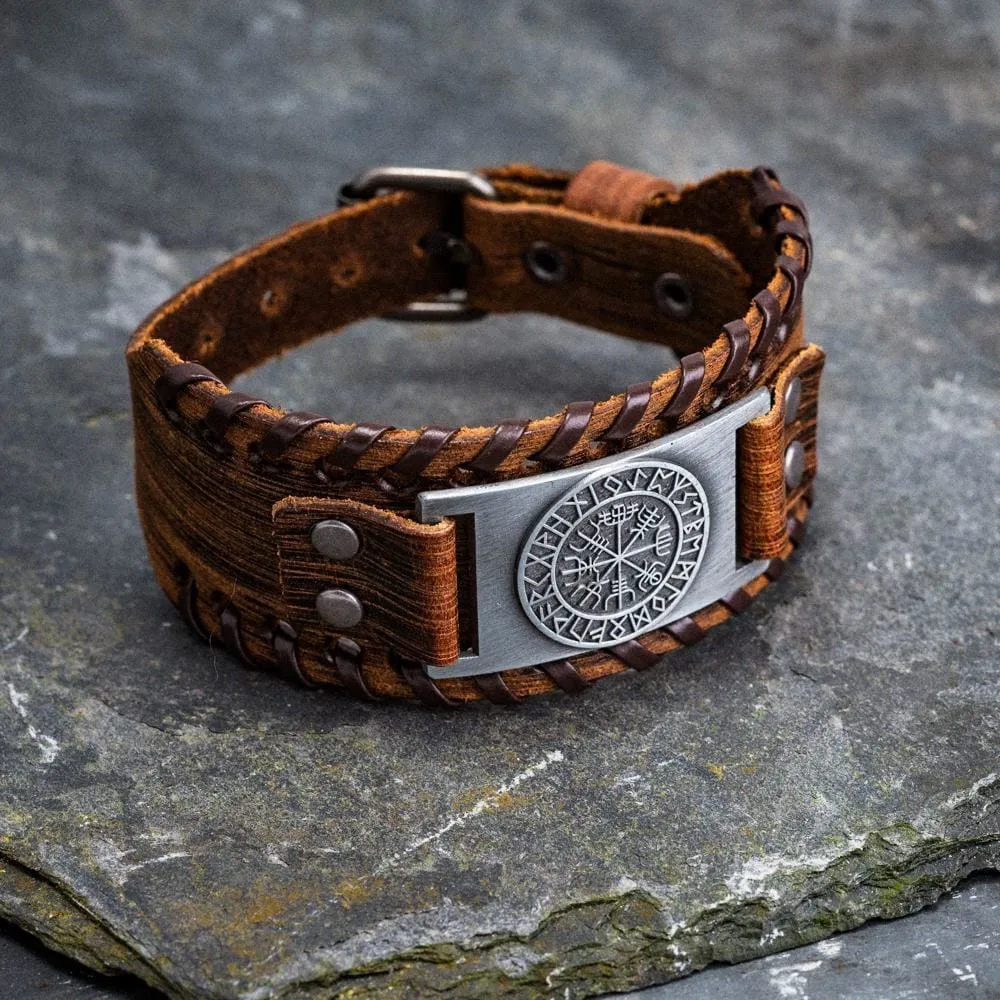 Leather Buckle Arm Cuff With Metal Vegvisir Design