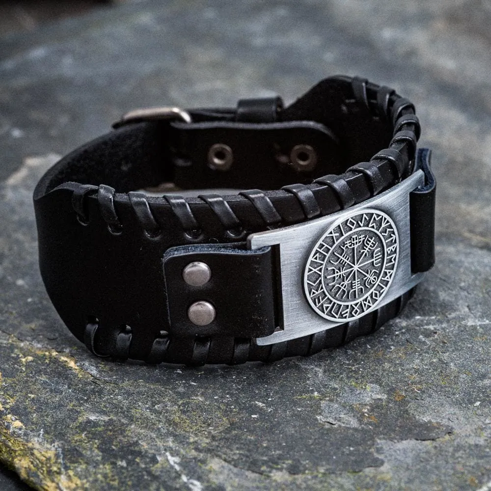 Leather Buckle Arm Cuff With Metal Vegvisir Design