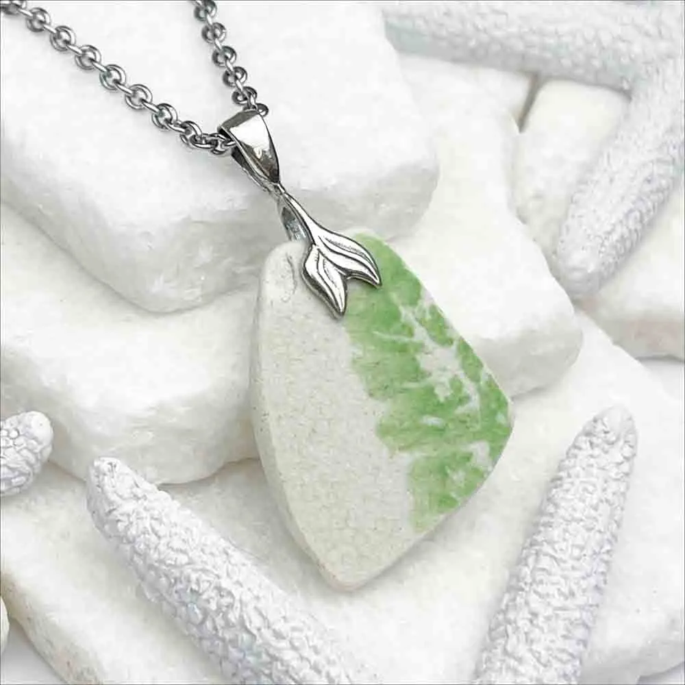 Lime Green Painted Leaf Sea Pottery Shard Pendant with Mermaid Tail | #1972