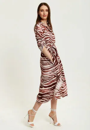 Liquorish Brown Zebra Print Midi Shirt Dress