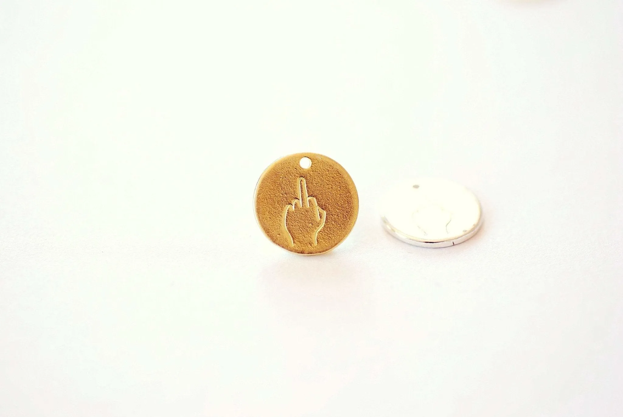 Middle Finger Hand Gesture Silhouette Charm Pendant Disc 18k Gold or 925 Sterling Silver Stamping Disc F U Necklace Charm