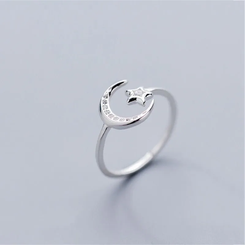 Moon and Star Sterling Silver Adjustable Ring