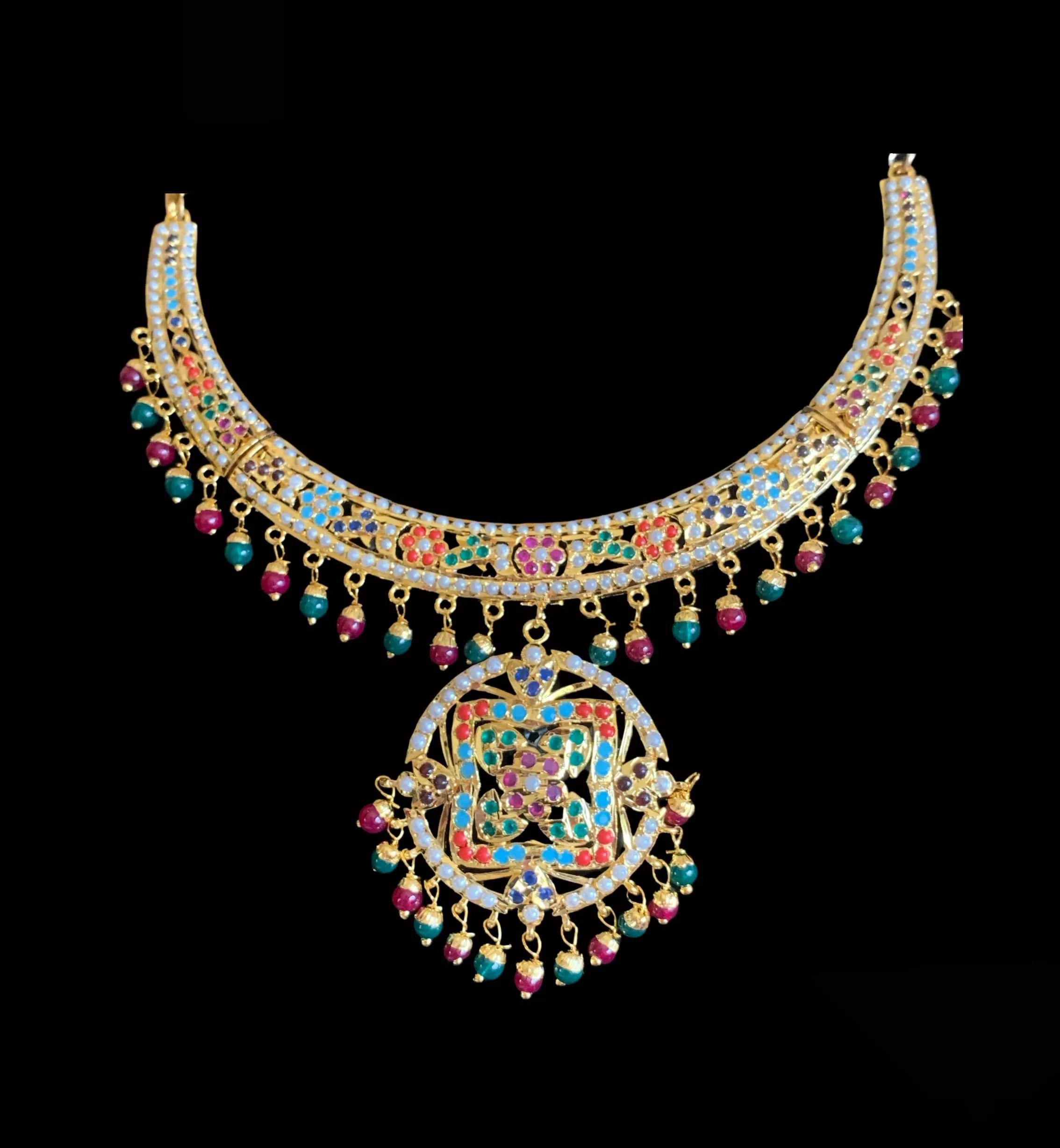 NS184 Ruchika  necklace set in navratan ( READY TO SHIP )