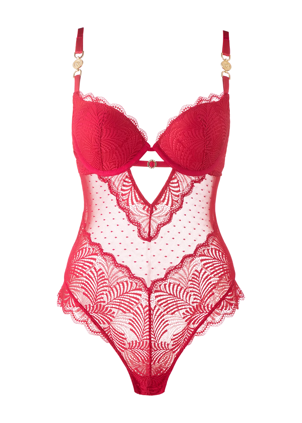 OLIVIA Plus Sexy Push-Up Mesh Berry Red Lace Bodysuit