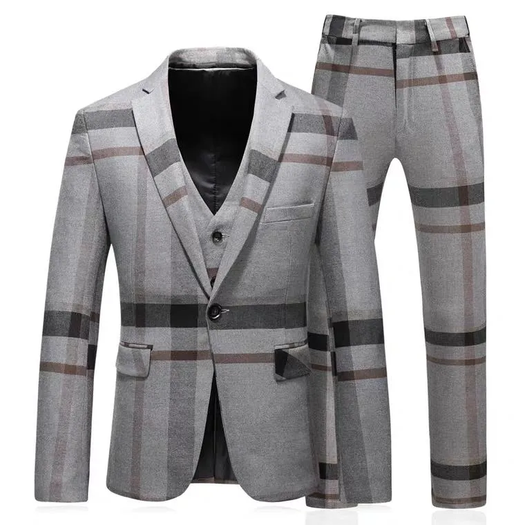 Orlando Men's Checkered Groom Grey Suit Jacket, Vest and Pants (3 Piece)