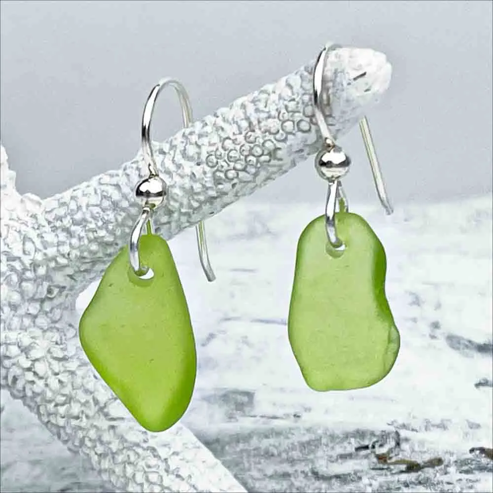 Radiant Lime Green Sea Glass Drop Earrings| #1754