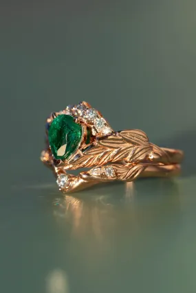 READY TO SHIP: Palmira Crown ring set in 14K rose gold, natural emerald pear cut 7x5 mm, accent moissanites, AVAILABLE RING SIZES: 6-8US