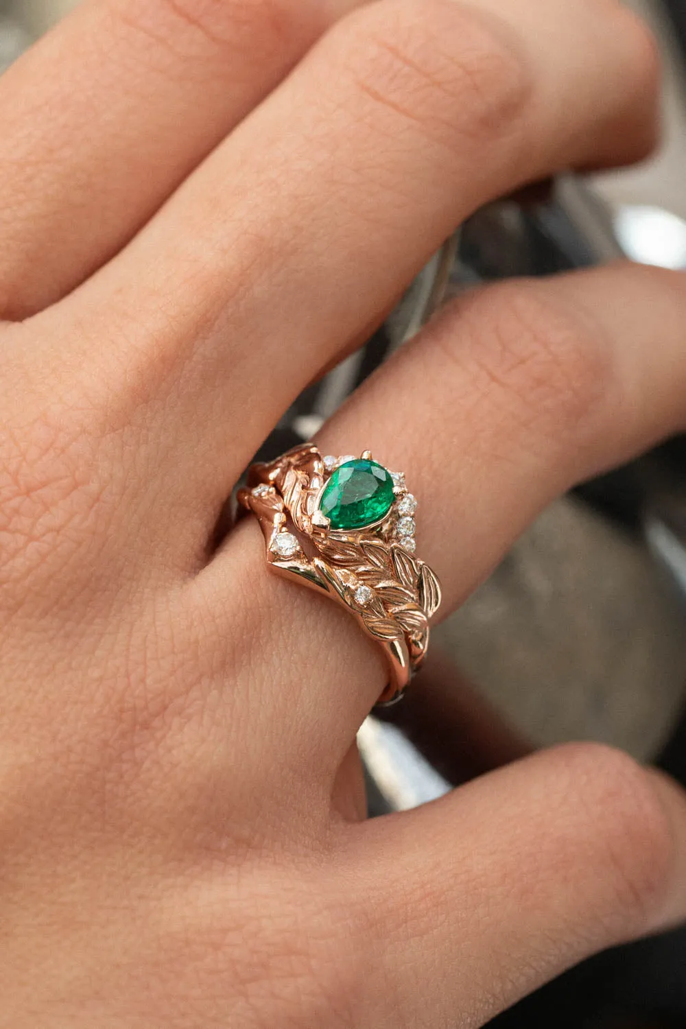 READY TO SHIP: Palmira Crown ring set in 14K rose gold, natural emerald pear cut 7x5 mm, accent moissanites, AVAILABLE RING SIZES: 6-8US