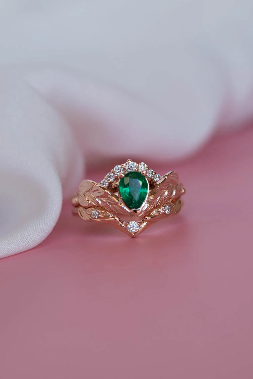 READY TO SHIP: Palmira Crown ring set in 14K rose gold, natural emerald pear cut 7x5 mm, accent moissanites, AVAILABLE RING SIZES: 6-8US