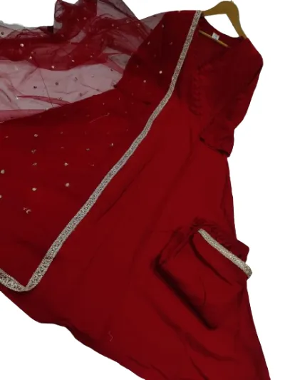 Red Rayon Partywear Salwar Suit With Sequence Net Dupatta