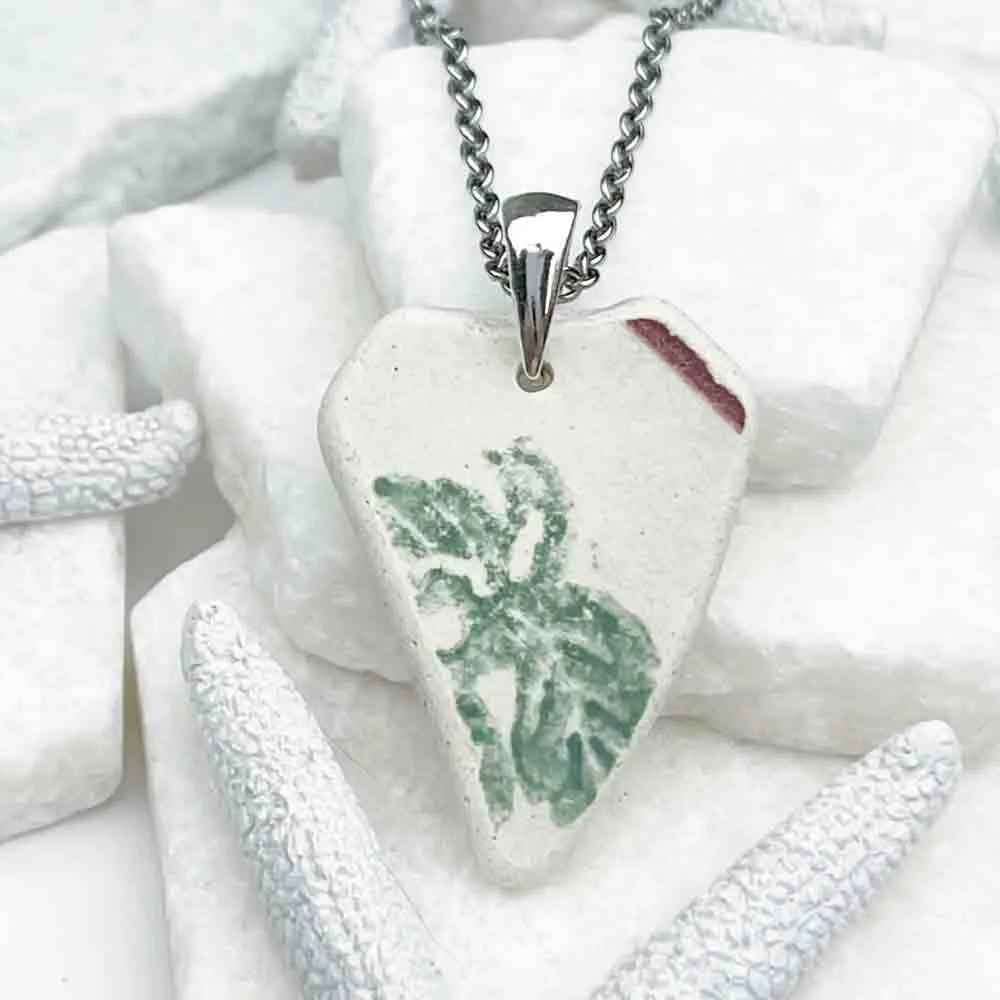 Sea Pottery Heart Pendant with Green Leaf and a Hint of Dark Rose Pink | #1974