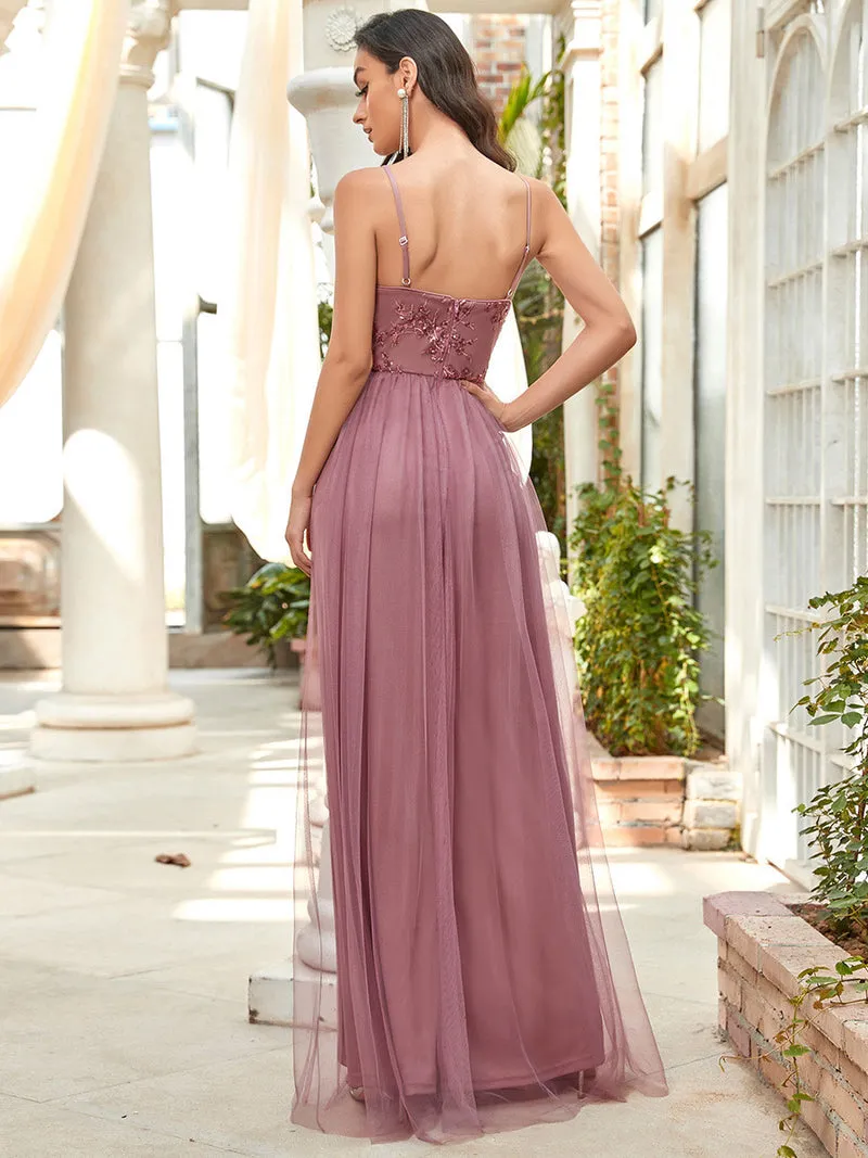 Spaghetti Strap with  Applice and Tulle Long Gown  50062