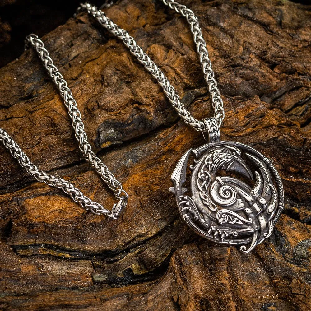 Stainless Steel Circular Raven and Knotwork Necklace