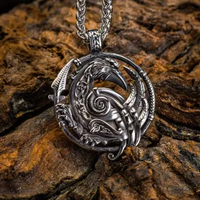 Stainless Steel Circular Raven and Knotwork Necklace