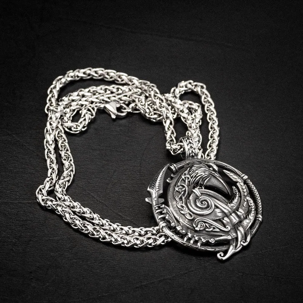 Stainless Steel Circular Raven and Knotwork Necklace