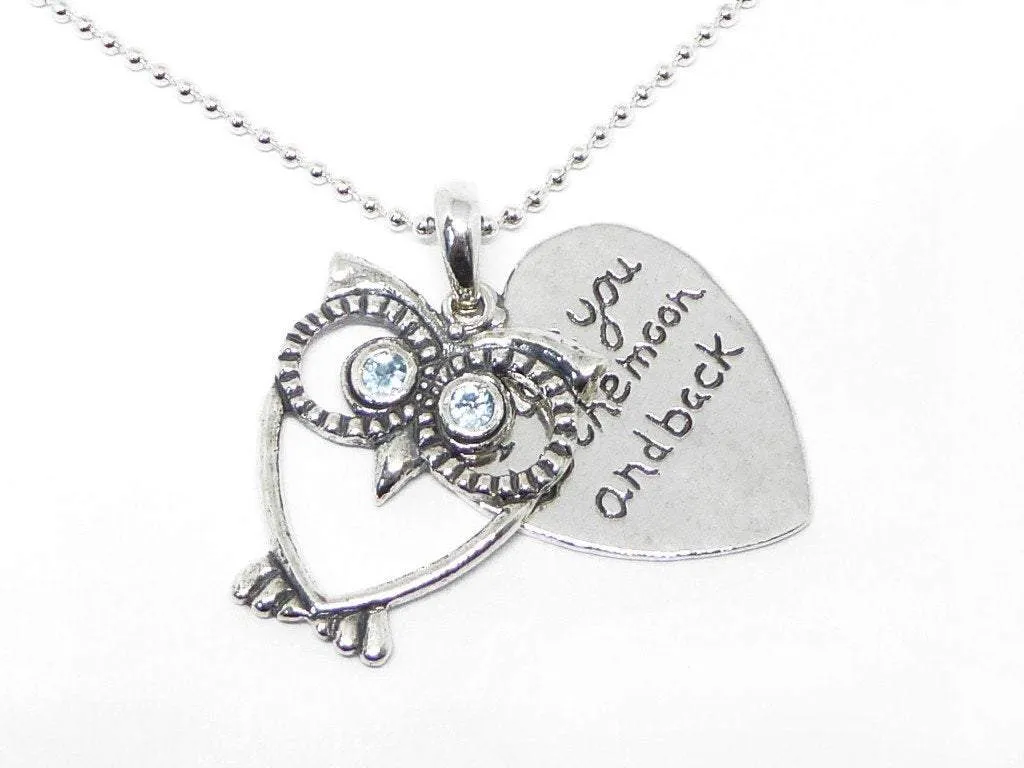 Sterling Silver necklace with an owl love you to the moon and back  women's necklace Israeli jewelry blue topaz