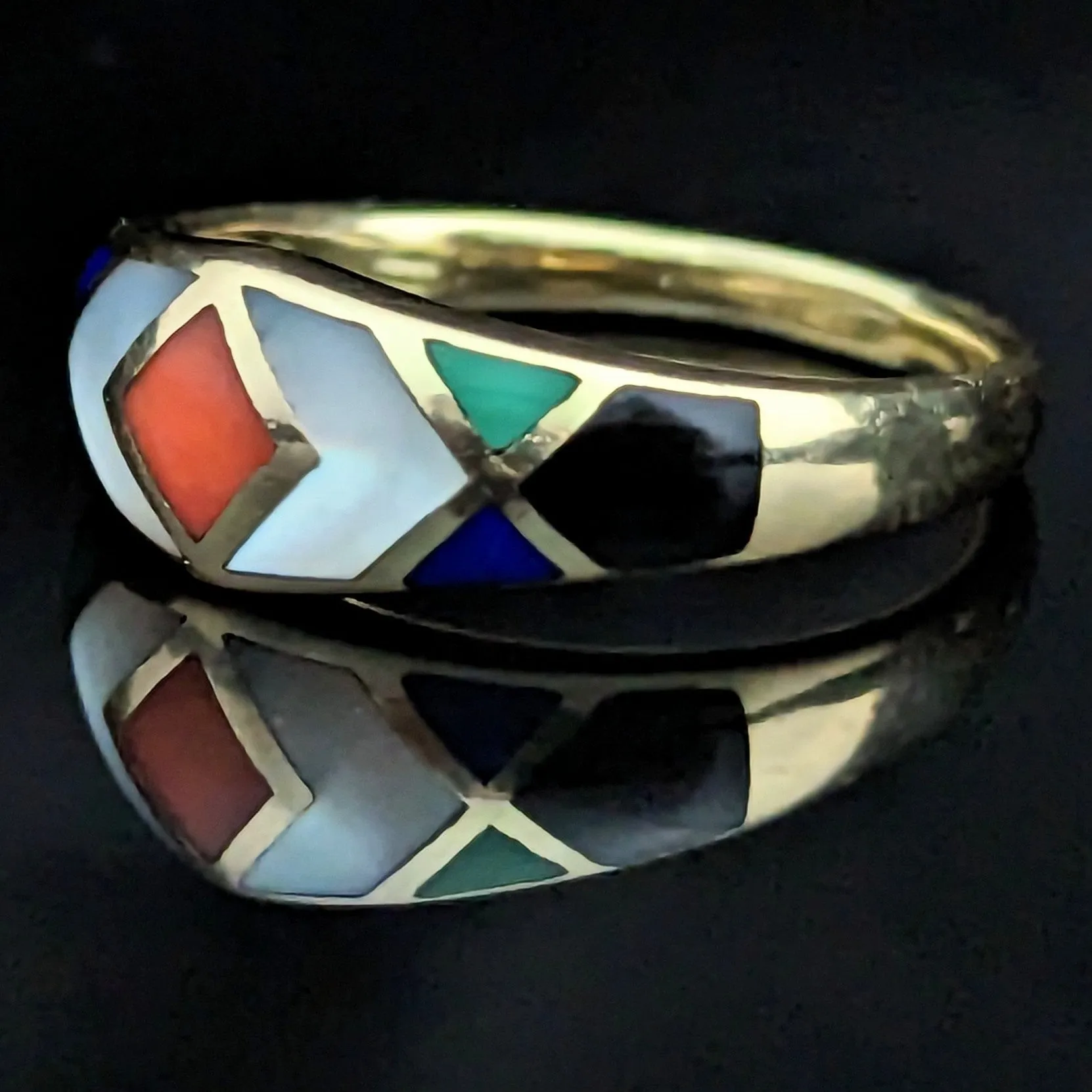 The Calgary - Asch Grossbardt Estate Inlay 14k Gold Band Coral MOP Onyx Malachite Lapis Lazuli