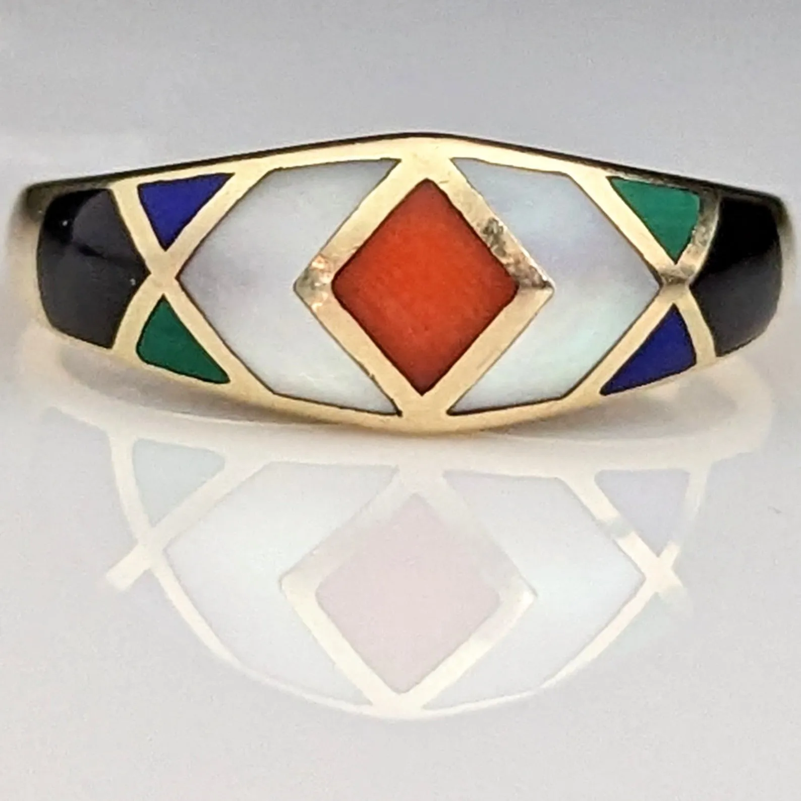 The Calgary - Asch Grossbardt Estate Inlay 14k Gold Band Coral MOP Onyx Malachite Lapis Lazuli