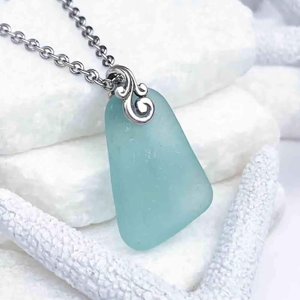 Vintage Aqua Sea Glass Sterling Silver Pendant | #5185