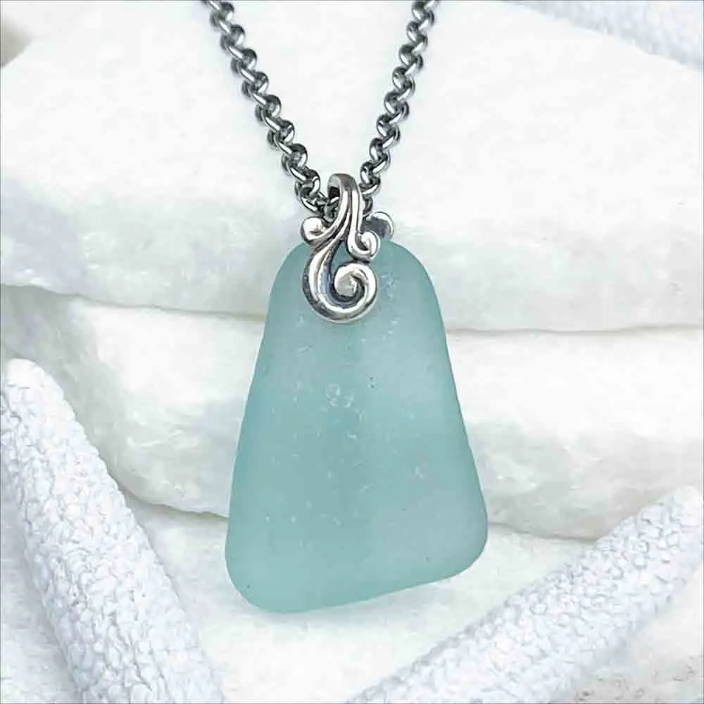 Vintage Aqua Sea Glass Sterling Silver Pendant | #5185