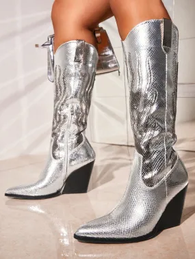 Woman Shoes Snakeskin Design Fashion Point Toe Silver Chunky Boots Valentines Day